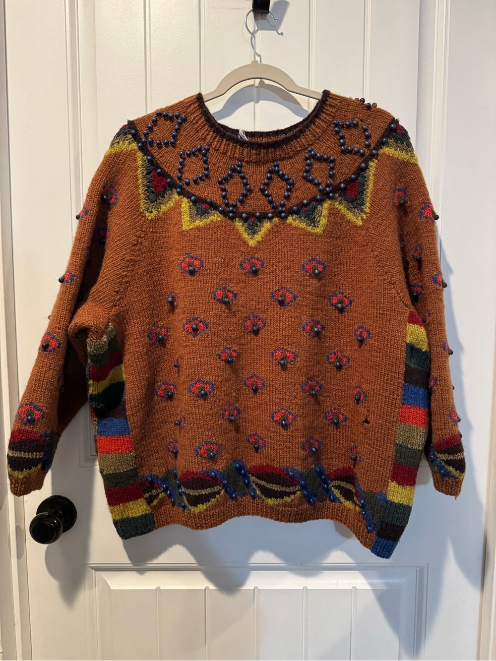 Vintage Wool Embellished Rust Crewneck Sweater with Multicolor Stripes and Beads